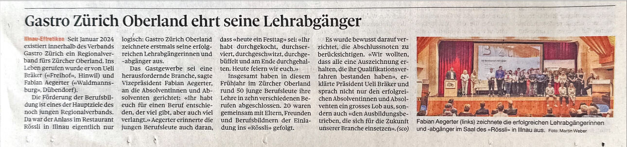 „Gastro Zürich Oberland ehrt seine Lehrabgänger“