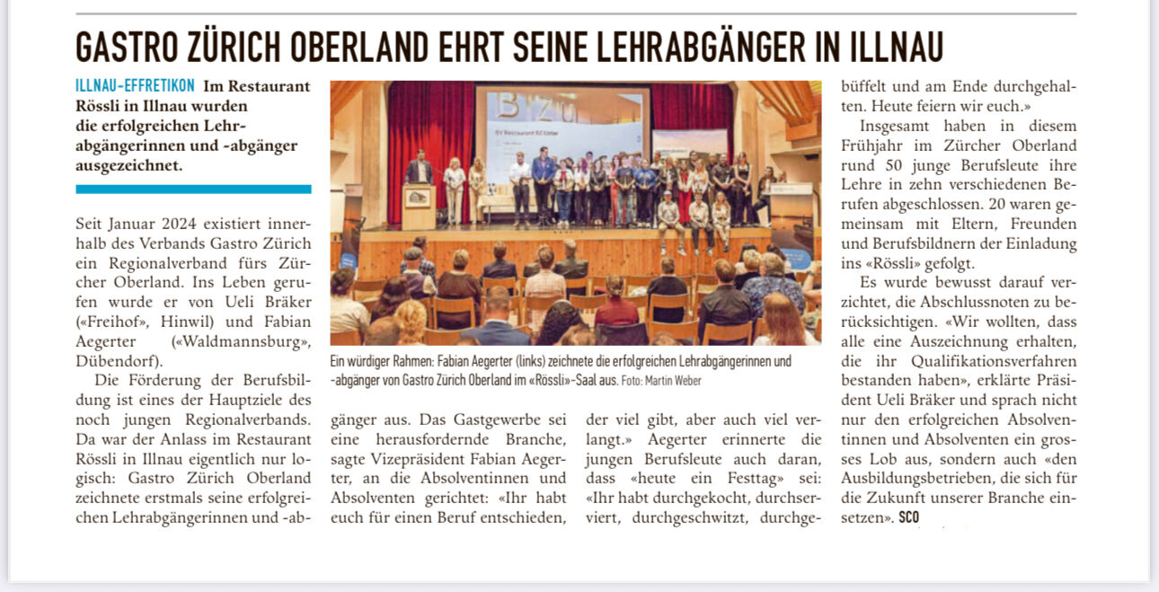 „Gastro Zürich Oberland ehrt seine Lernenden im Rössli Illnau“