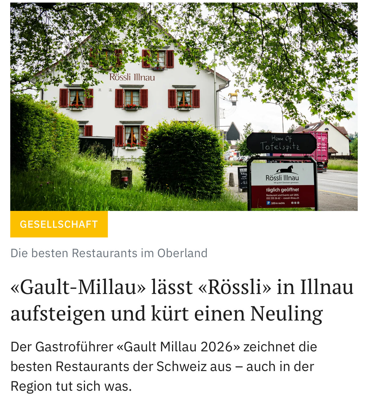 „Gault Millau lässt Rössli Illnau aufsteigen“